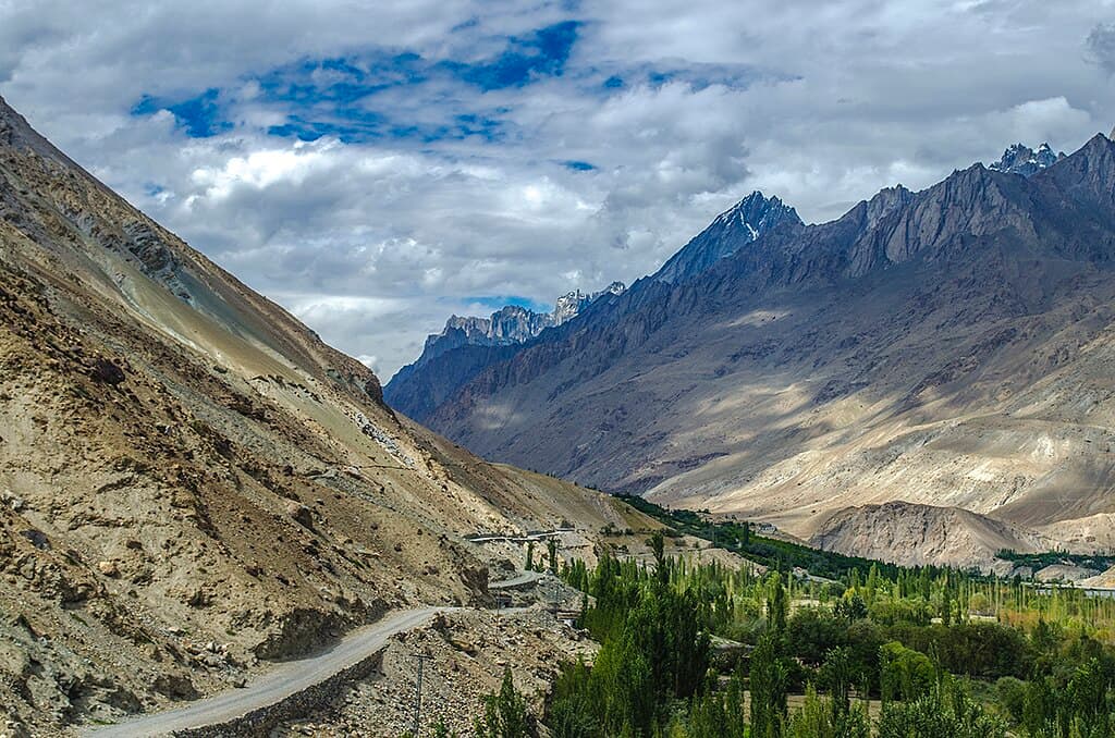 Hushe Valley with Karakoram peaks rising above the gorge, eastern Baltistan Pakistan
